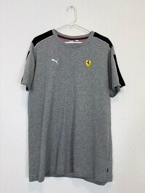 PUMA FERRARI Gray Logo Short Sleeve Tee with Black Shoulder Panels